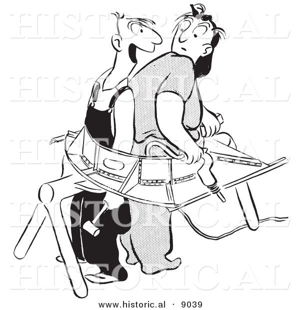 Historical Vector Illustration of a Happy Cartoon Male Worker Stuck with a Nervous Woman in a Airplane Part - Black and White Outlined Version