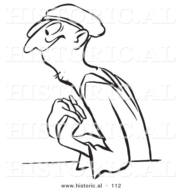 Historical Vector Illustration of a Happy Cartoon Man Falling in Love - Black and White Outlined Version