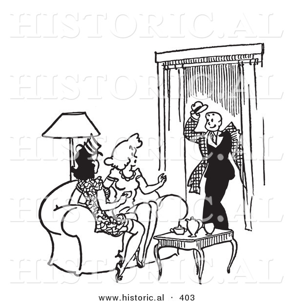Historical Vector Illustration of a Happy Cartoon Man Greeting Two Young Ladies Sitting on a Couch in a Living Room in - Black and White Version