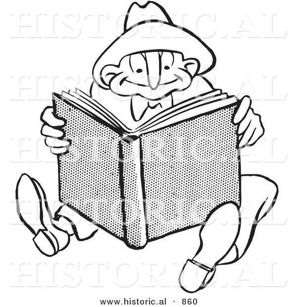 Historical Vector Illustration of a Happy Cartoon Man Reading a Book - Black and White Outlined Version
