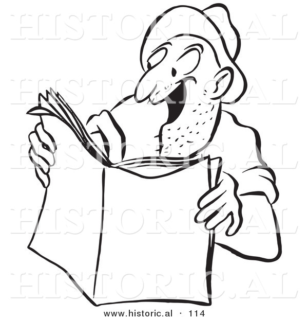 Historical Vector Illustration of a Happy Cartoon Man Reading an Exciting Story in a Magazine - Black and White Outlined Version
