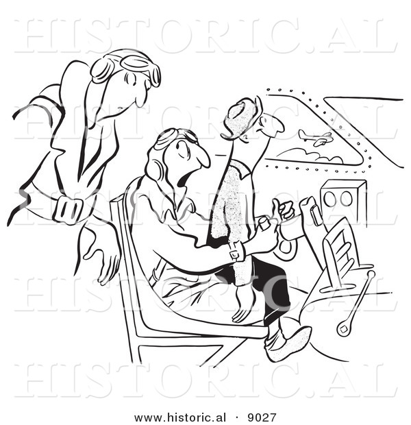 Historical Vector Illustration of a Happy Cartoon Man Sitting on an Uncomfortable Pilots Lap - Black and White Outlined Version