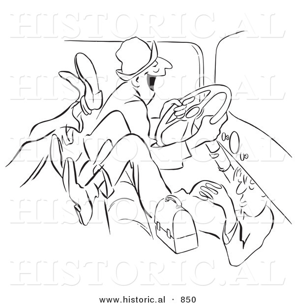Historical Vector Illustration of a Happy Cartoon Morning Person Driving Tired Friends to Work - Black and White Outlined Version
