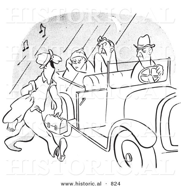 Historical Vector Illustration of a Happy Cartoon Morning Person Getting a Ride to Work with a Car Full of Grumpy People - Black and White Outlined Version
