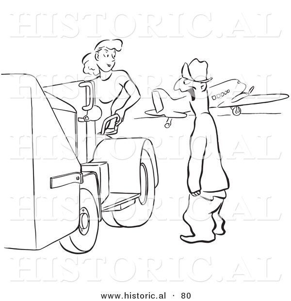 Historical Vector Illustration of a Happy Man with Big Smile Looking at a Pretty Woman Operating a Machine on Wheels - Black and White Version
