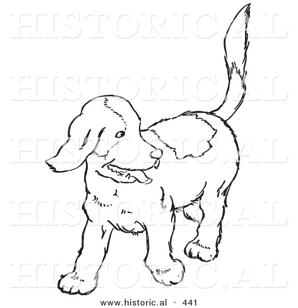 Historical Vector Illustration of a Happy Puppy Looking Back and Walking Forward - Outlined Version