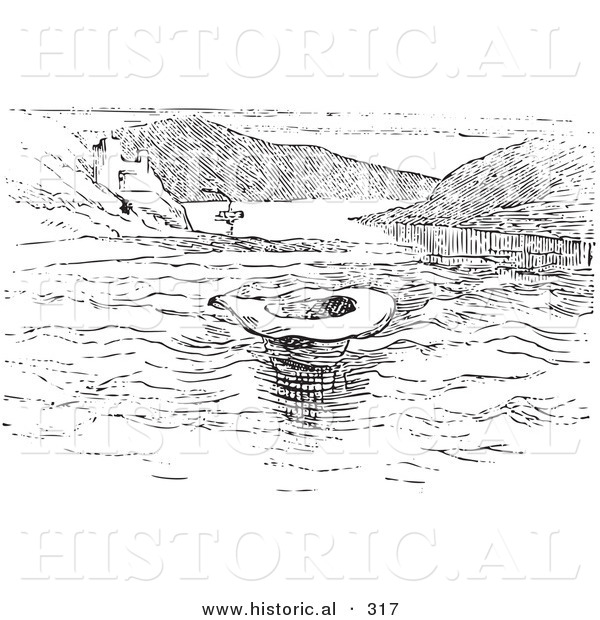 Historical Vector Illustration of a Hat Floating on the Rhine River - Black and White Version