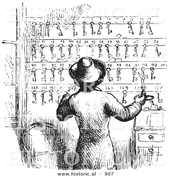 Historical Vector Illustration of a Hotel Clerk with Lots of Keys - Black and White Version