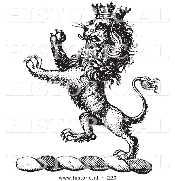 Historical Vector Illustration of a Lion Crest Featuring a Crown - Black and White Version