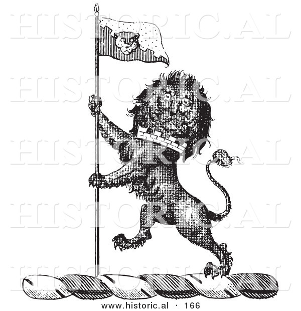Historical Vector Illustration of a Lion Crest Featuring a Flag - Black and White Version