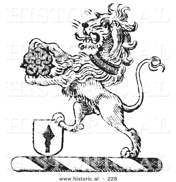 Historical Vector Illustration of a Lion Crest Featuring a Flower and Shield - Black and White Version
