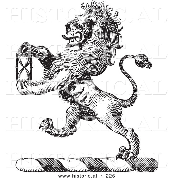 Historical Vector Illustration of a Lion Crest Featuring an Hourglass - Black and White Version