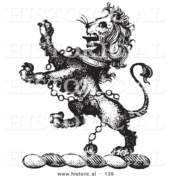 Historical Vector Illustration of a Lion Crest Featuring Collar and Chains - Black and White Version