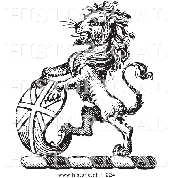 Historical Vector Illustration of a Lion Crest Featuring Curved Shield - Black and White Version