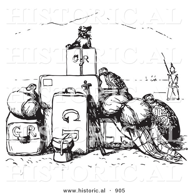 Historical Vector Illustration of a Little Dog Sitting on a Pile of Luggage - Black and White Version