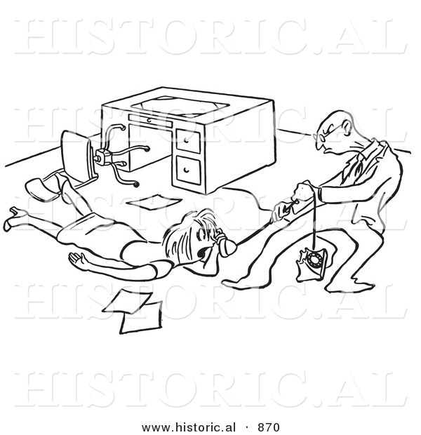 Historical Vector Illustration of a Mad Cartoon Man Trying to Jerk a Phone out of a Female Office Worker's Hand - Black and White Outlined Version