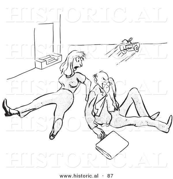 Historical Vector Illustration of a Mad Man and Woman After Tripping over a Play Toy Rolling on the Floor - Black and White Version