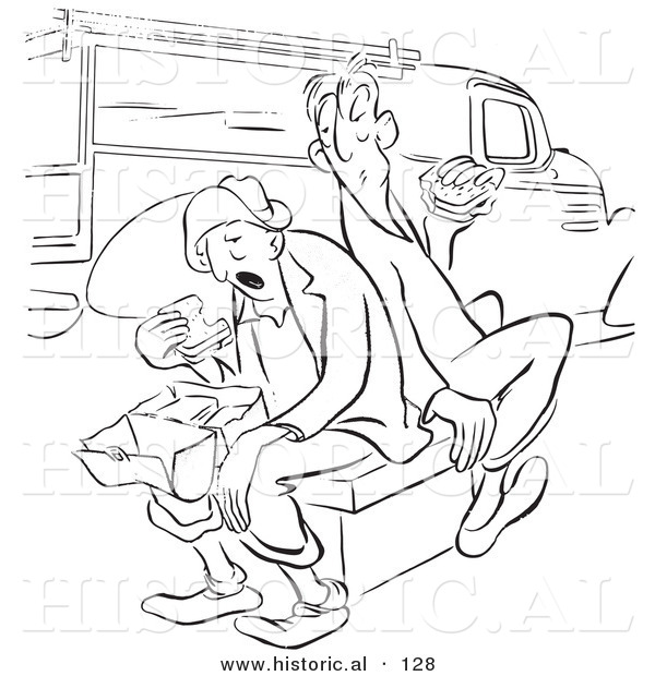 Historical Vector Illustration of a Male Cartoon Workers Eating Lunch Beside a Truck - Black and White Outlined Version