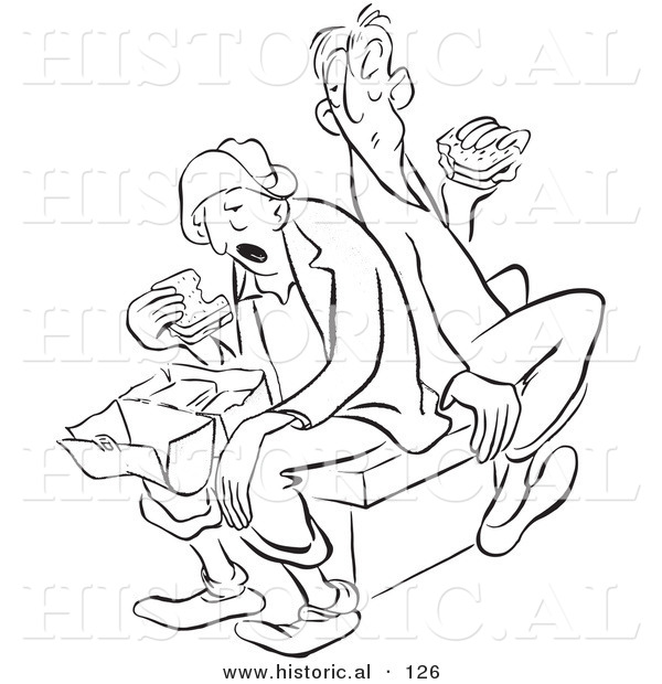 Historical Vector Illustration of a Male Cartoon Workers Eating Sandwiches for Lunch - Black and White Outlined Version