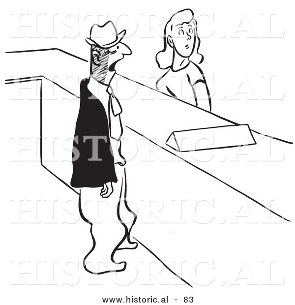 Historical Vector Illustration of a Man and Woman Standing at Help Desk - Black and White Version