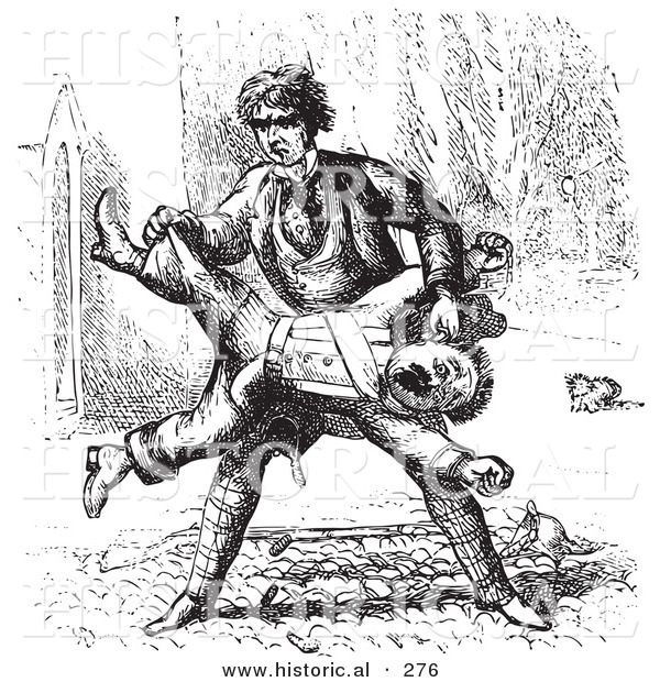 Historical Vector Illustration of a Man Beating up a Guard - Black and White Version