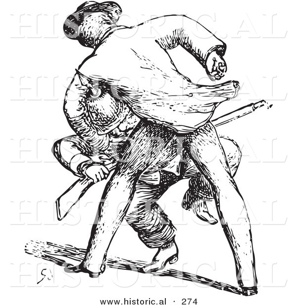 Historical Vector Illustration of a Man Beating up a Guard with a Gun - Black and White Version