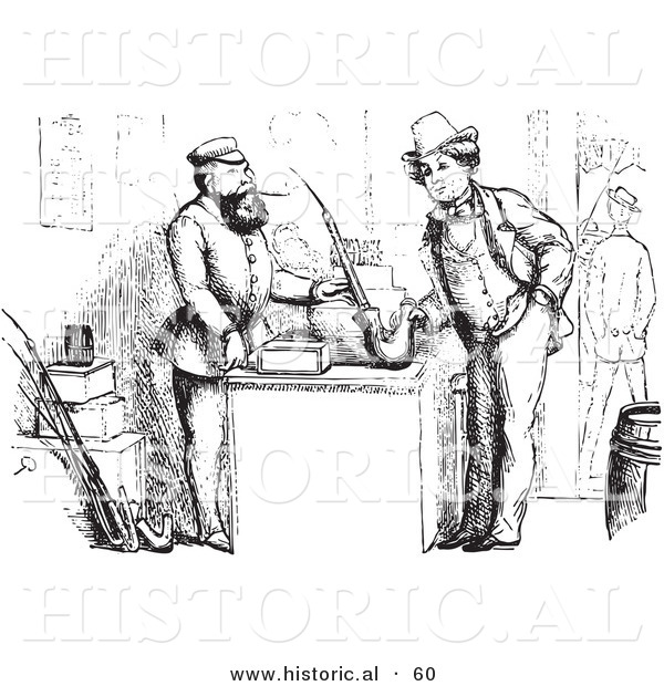 Historical Vector Illustration of a Man Buying an Old German Pipe - Black and White Version