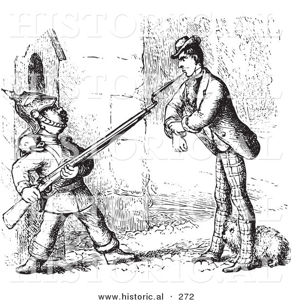 Historical Vector Illustration of a Man Defending His Dog from a Guard with a Gun - Black and White Version