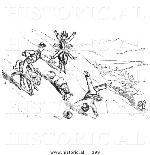 Historical Vector Illustration of a Man Falling off His Donkey While Traveling up a Mountain - Black and White Version