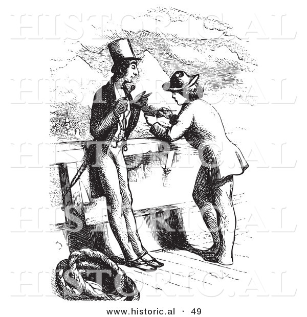 Historical Vector Illustration of a Man Getting Interviewed on a Boat - Black and White Version