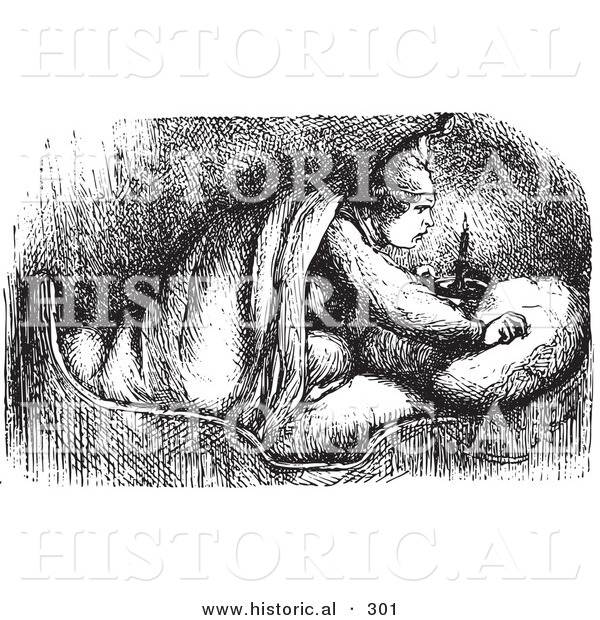 Historical Vector Illustration of a Man in Bed with a Lit Candle - Black and White Version