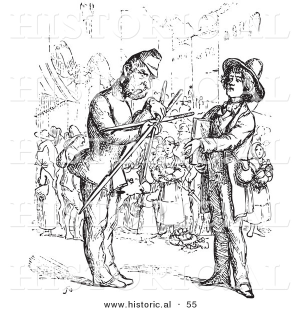 Historical Vector Illustration of a Man Inspecting an Artist's Tools - Black and White Version