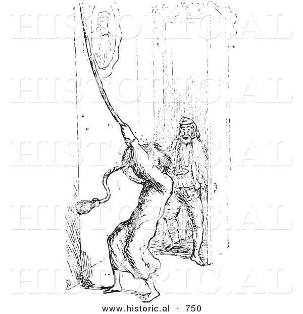 Historical Vector Illustration of a Man Ringing a Bell Attached to a Rope - Black and White Version