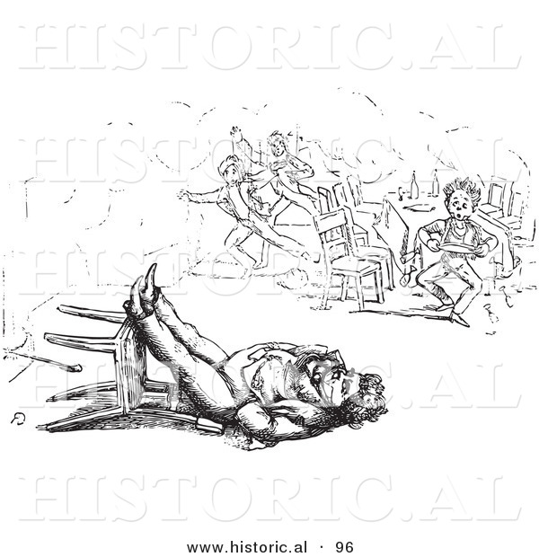 Historical Vector Illustration of a Man Sleeping in a Toppled Chair - Black and White Version