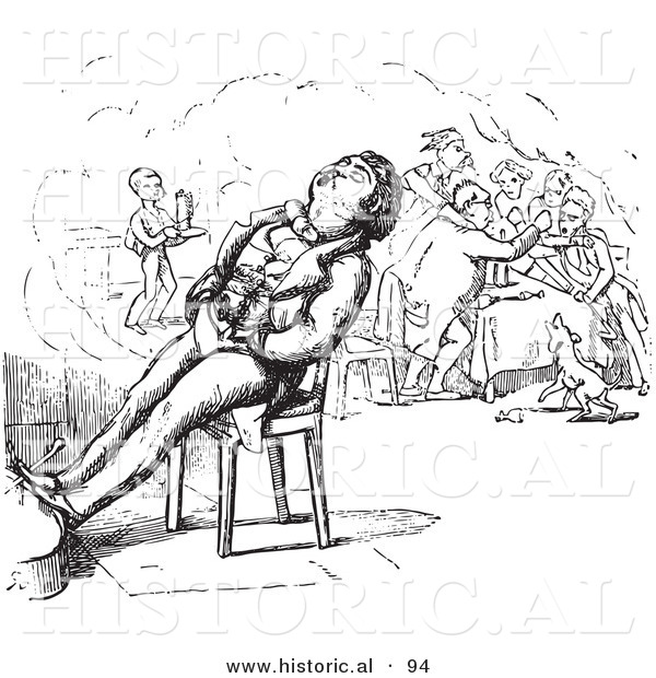 Historical Vector Illustration of a Man Sleeping on a Chair in Front of a Fire - Black and White Version