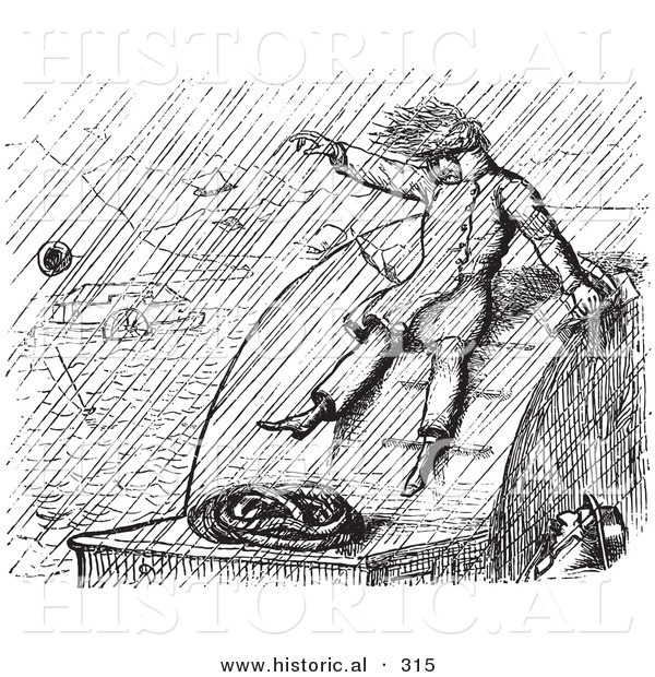 Historical Vector Illustration of a Man Taking Cover While on a River Boat in a Heavy Rain Storm - Black and White Version