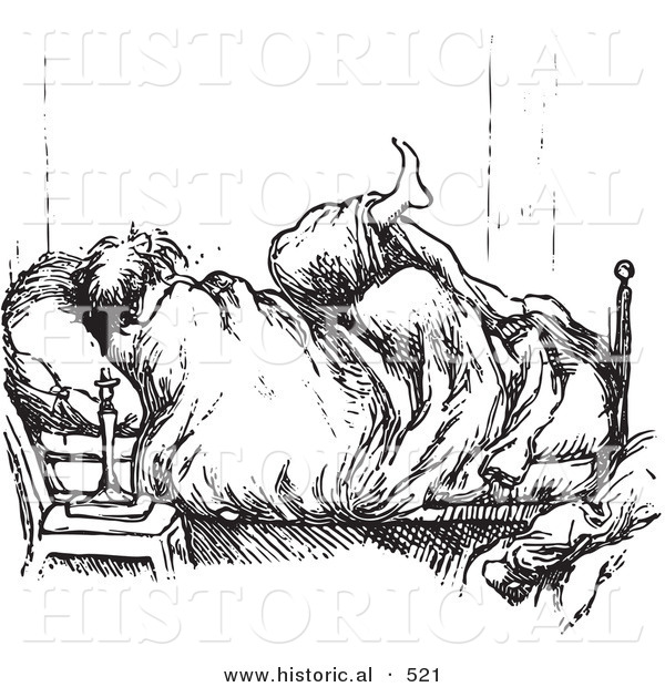 Historical Vector Illustration of a Man Tangled in Blankets While Trying T Sleep - Black and White Version