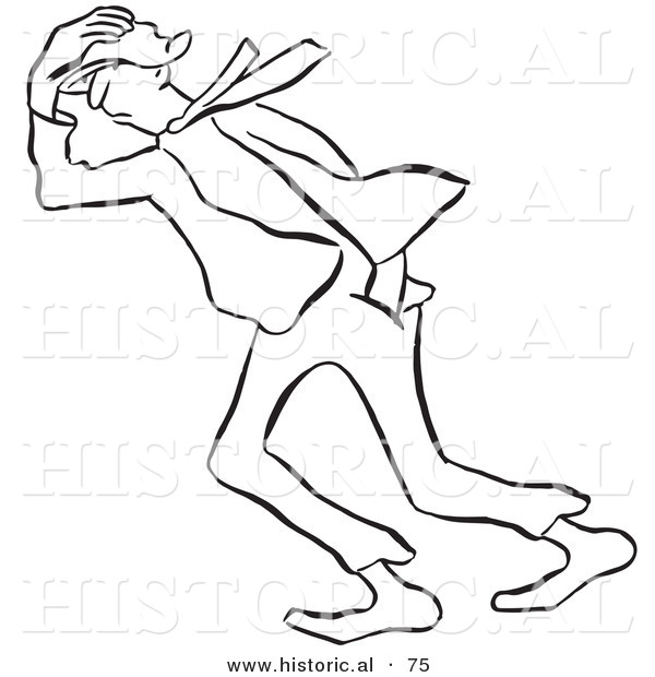 Historical Vector Illustration of a Man Trying to Walk Forward in Windy Weather - Black and White Version