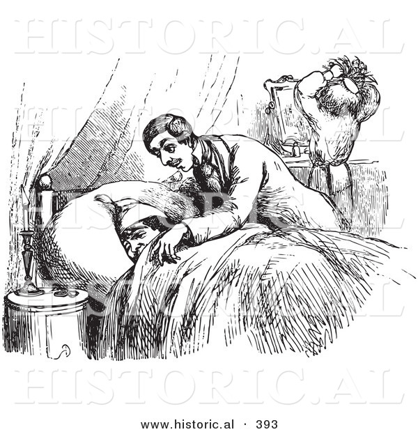 Historical Vector Illustration of a Man Tucking His Tired Friend into Bed - Black and White Version