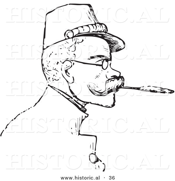 Historical Vector Illustration of a Man with a Mustache, Glasses, and a Hat, Smoking a Cigarette - Black and White Version