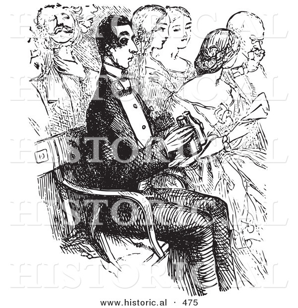 Historical Vector Illustration of a Man with Binoculars at the Opera Full of People - Black and White Version