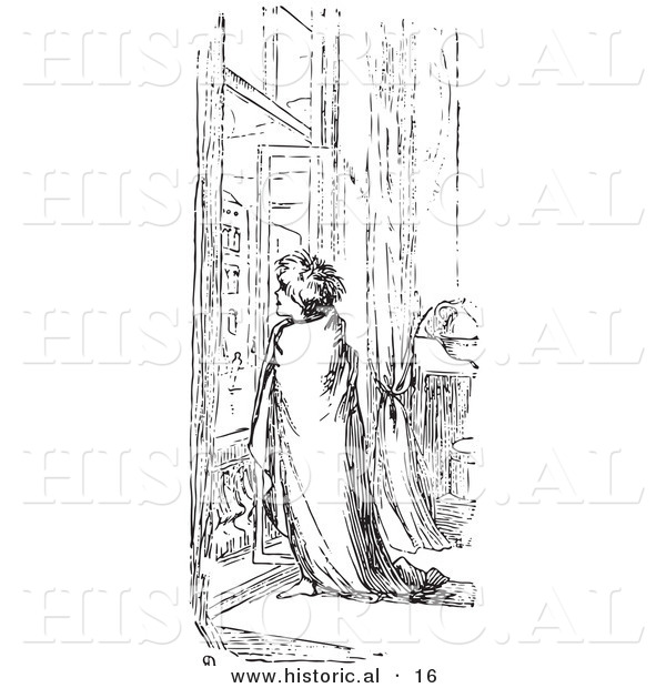 Historical Vector Illustration of a Man with Blanket at a Window - Black and White Version