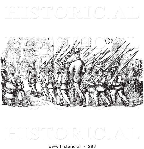 Historical Vector Illustration of a Marching Group of Soldiers - Black and White Version