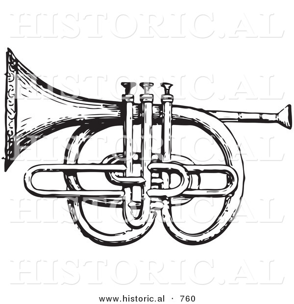 Historical Vector Illustration of a Musical Cornet and Pistons - Black and White Version