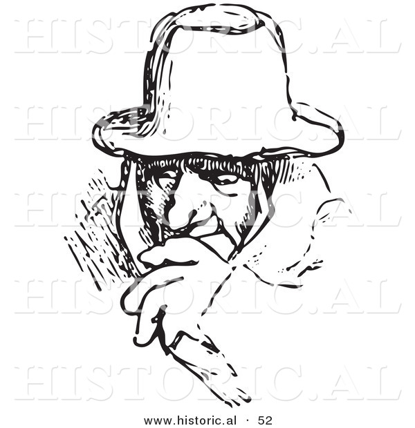 Historical Vector Illustration of a Mysterious Man Wearing a Hat - Black and White Version