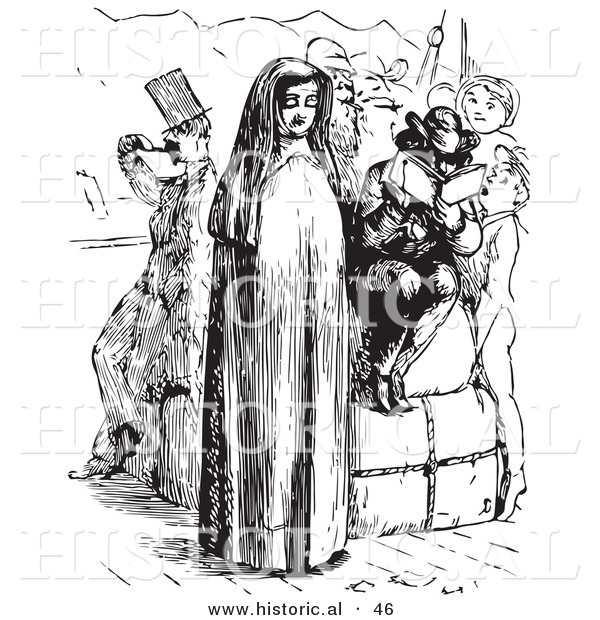 Historical Vector Illustration of a Nun Standing with People on a Boat - Black and White Version