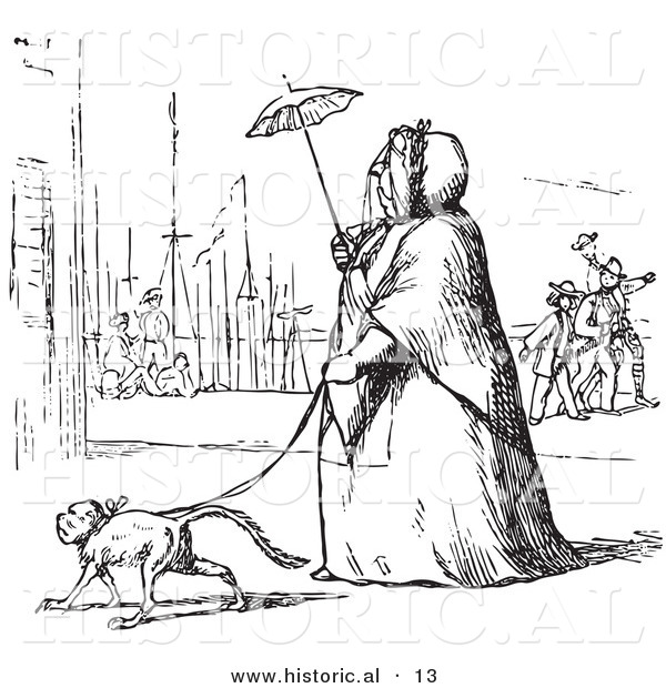 Historical Vector Illustration of a Obese Lady Walking a Dog with a Tiny Umbrella - Black and White Version