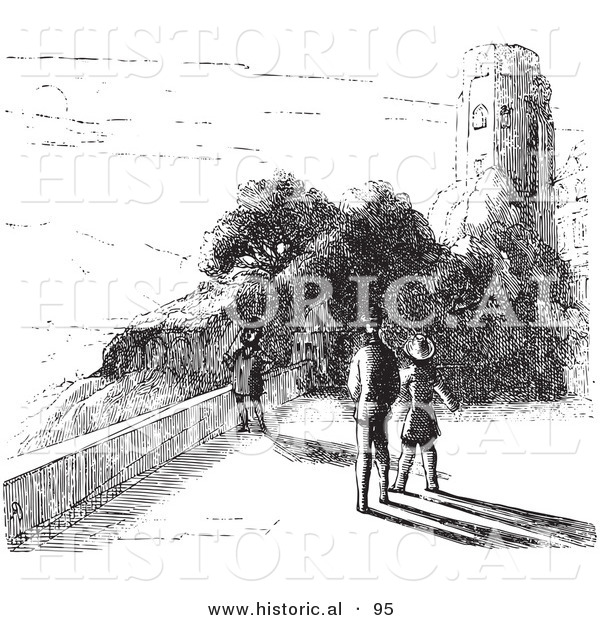 Historical Vector Illustration of a People Walking near Castle Ruins - Black and White Version