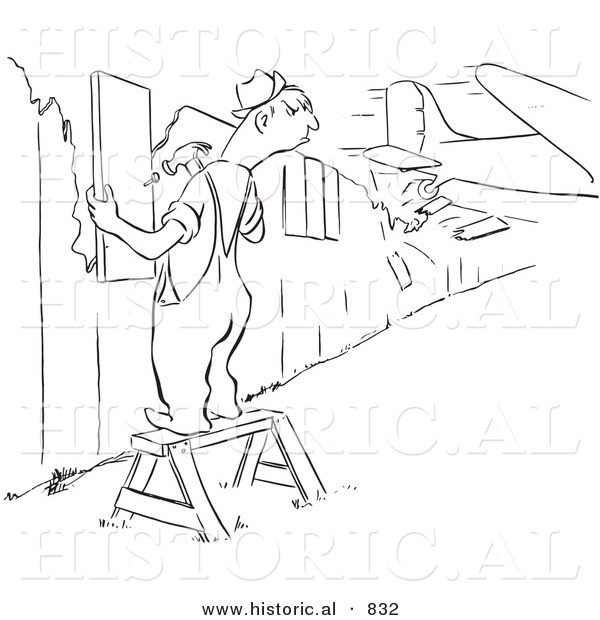 Historical Vector Illustration of a Raging Mad Cartoon Male Worker Repairing a Broken Fence Panel As a Plane Crashes Through Another Section of His Fence - Black and White Outlined Version