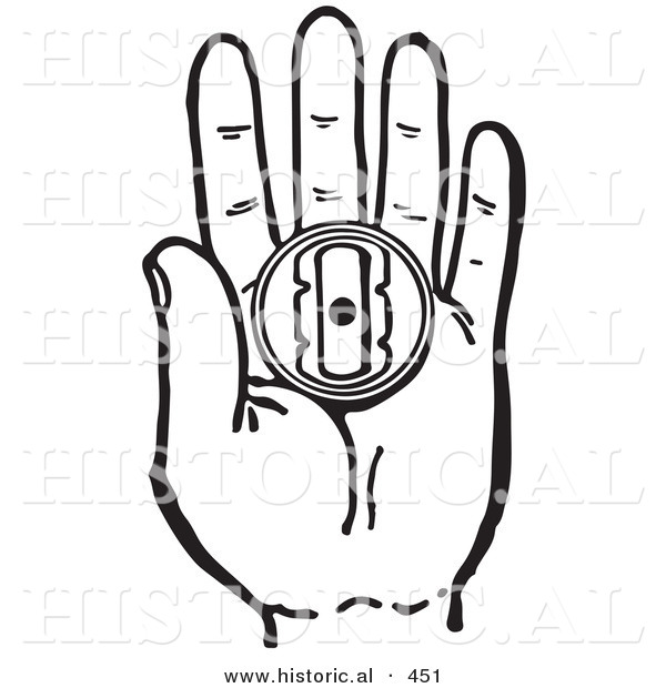 Historical Vector Illustration of a Retro Buzzer Prank Toy in the Palm of Someone's Hand - Outlined Version